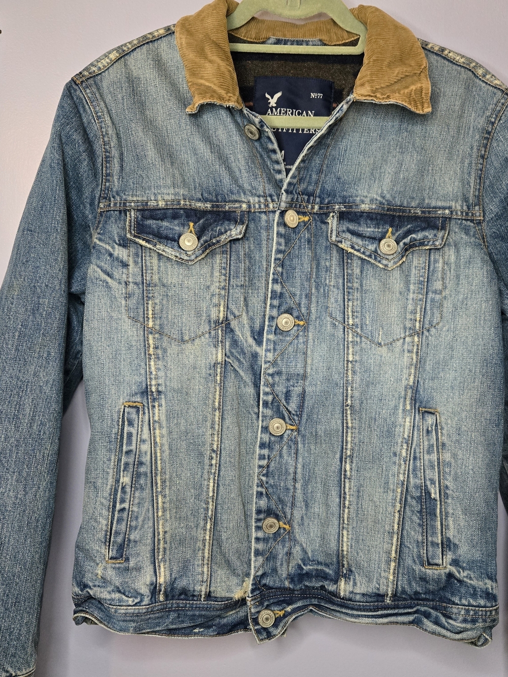 American Eagle Outfitters Blue Denim Jacket with Brown Corduroy Collar - Picture 9 of 16